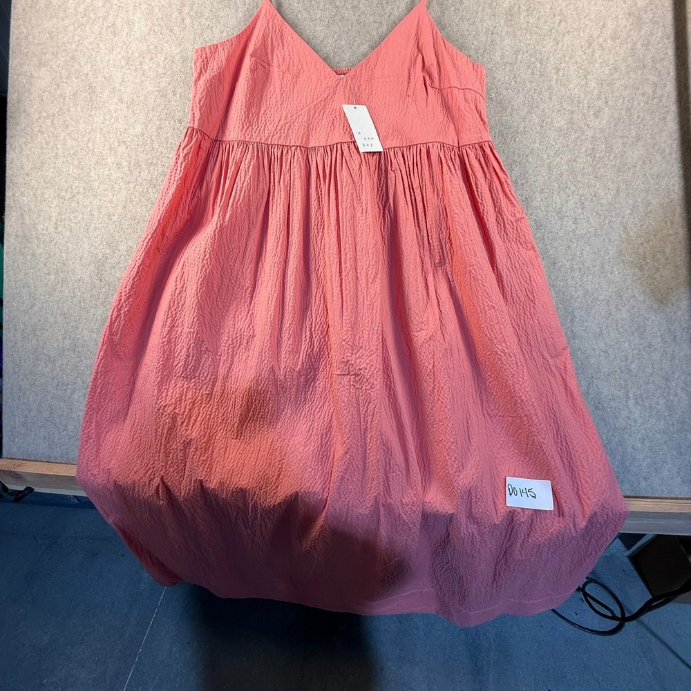 NWT A New Day Pink Seersucker Midi Dress V-Neck Smocked Back Pockets Large